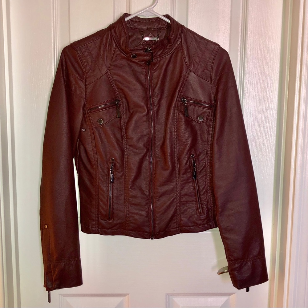 Burgundy red vegan leather moto jacket